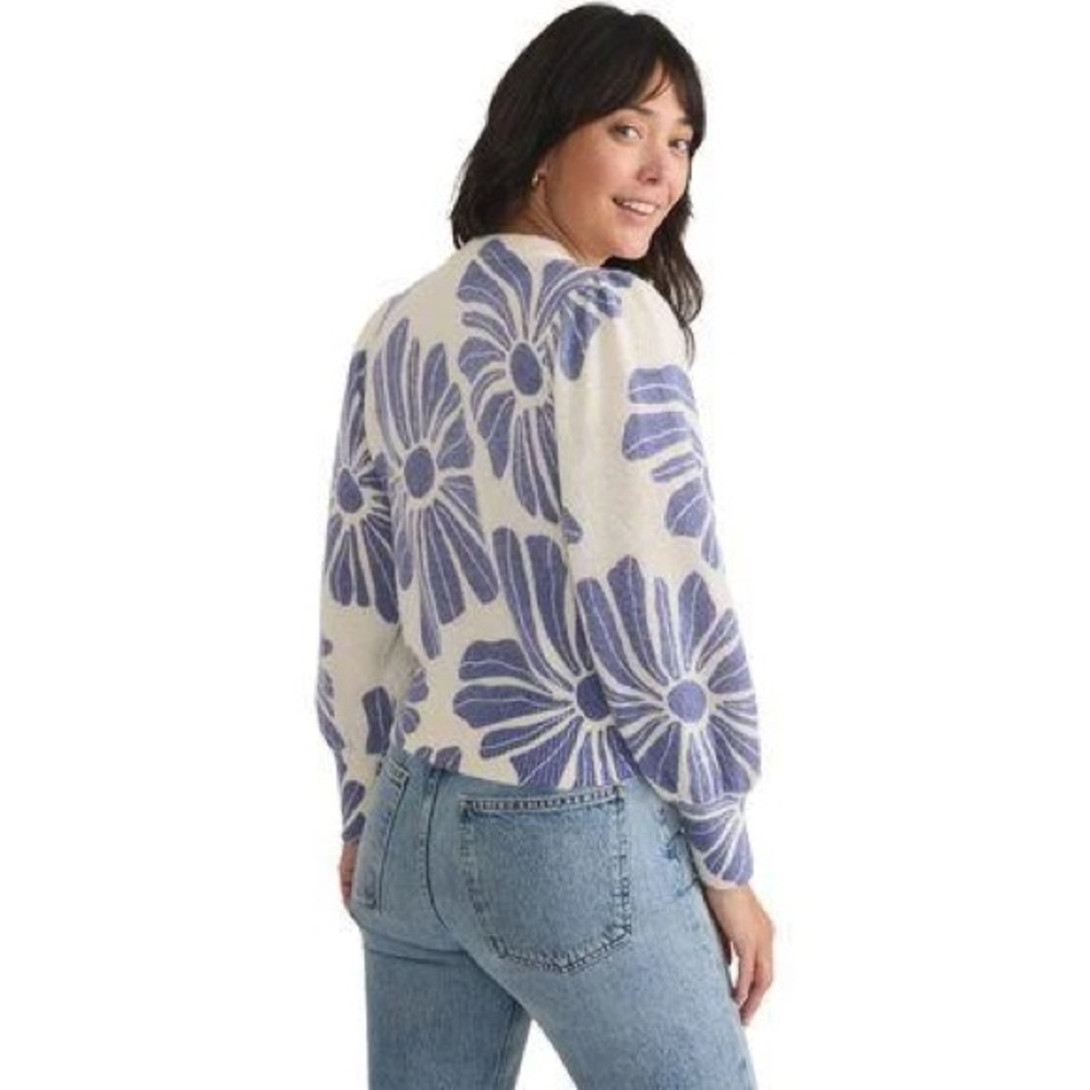 Marine Layer Alma Puff- Sleeve Sweater Blue White Floral Size M Cozy Bold Preppy - Picture 2 of 11
